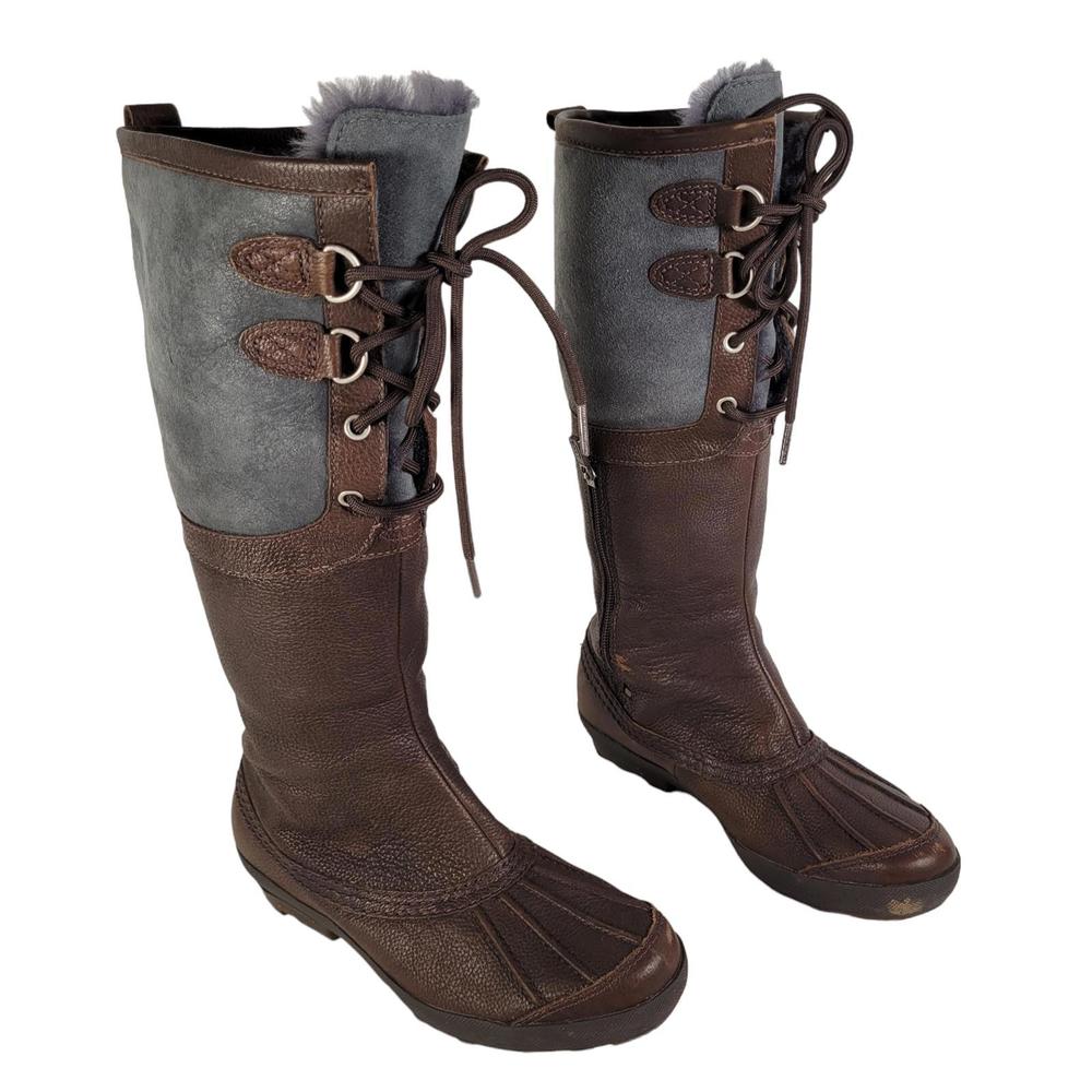 UGG BECLOUD Brown Leather Waterproof Lace Up Sheepskin Duck Boots Women Sz 7.5